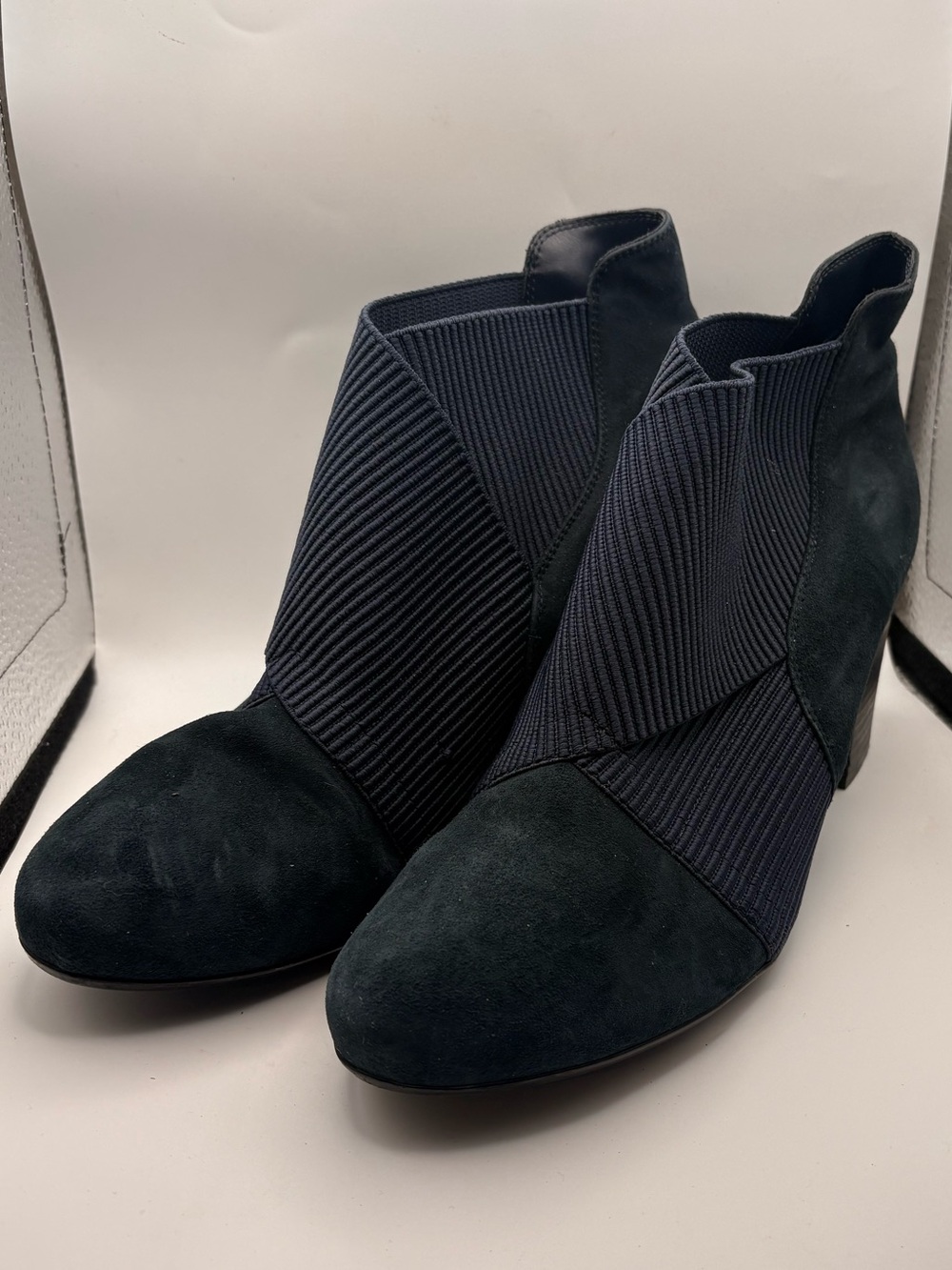 Van Eli Navy Suede & Knit Ankle Booties